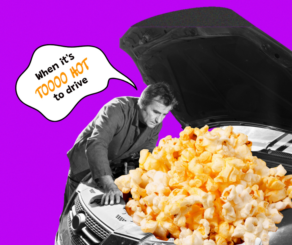 Funny Illustration of Popcorn in Car Bumper Facebook Design Template