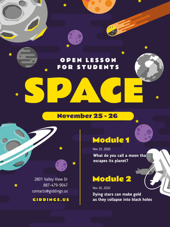 Space Lesson Announcement with Astronaut among Planets Poster US Design Template