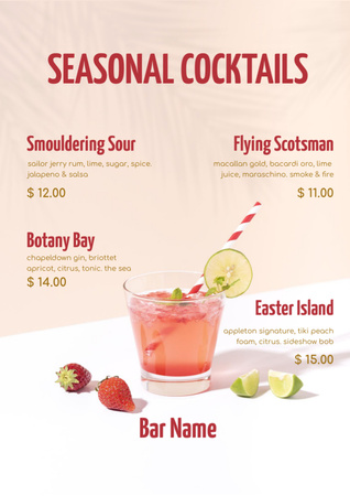 Seasonal Summer Cocktail with Strawberries Menu Design Template