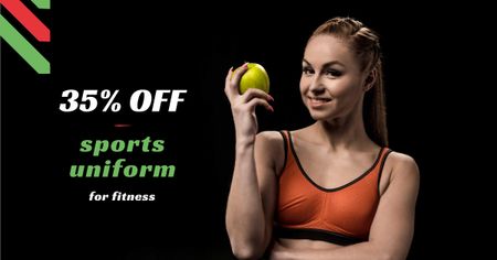Ontwerpsjabloon van Facebook AD van sport uniform discount aanbieding met vrouw met apple