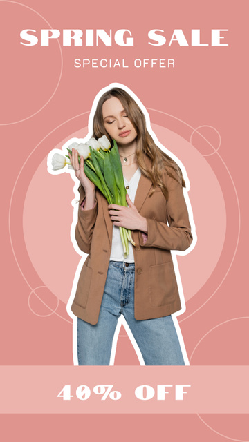 Spring Sale Announcement with Woman with Tulips Instagram Story Design Template
