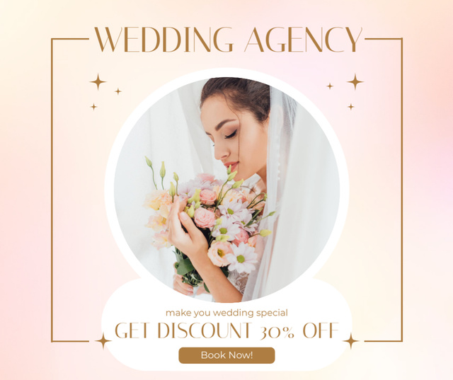 Wedding Agency Ad with Bride Holding Wedding Bouquet Facebook Design Template