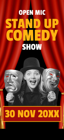 Plantilla de diseño de Anuncio de espectáculo de comedia en vivo con mujer sosteniendo máscaras Snapchat Geofilter 