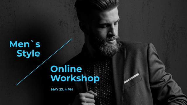 Fashion Online Workshop Ad with Man in Stylish Suit FB event cover Tasarım Şablonu