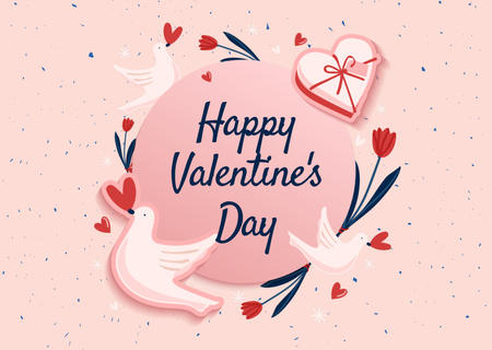 Ontwerpsjabloon van Card van Happy Valentine's Day groet op roze met illustratie van duiven