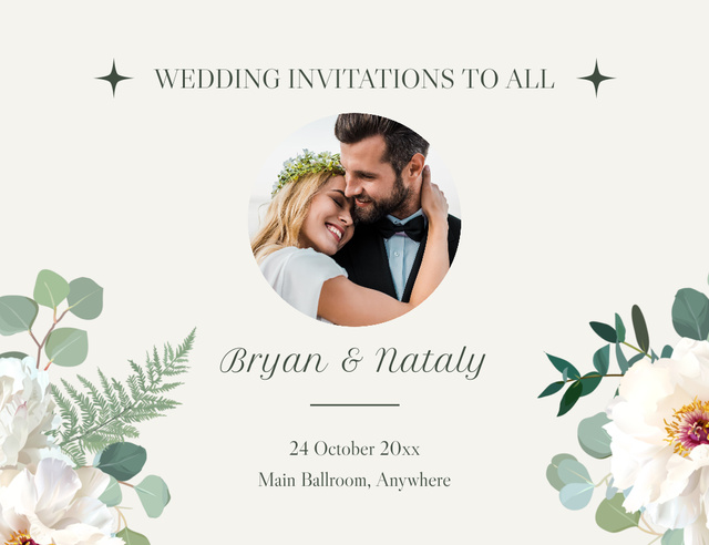 Wedding Ceremony Invitation with Happy Couple and Flowers Thank You Card 5.5x4in Horizontal Modelo de Design