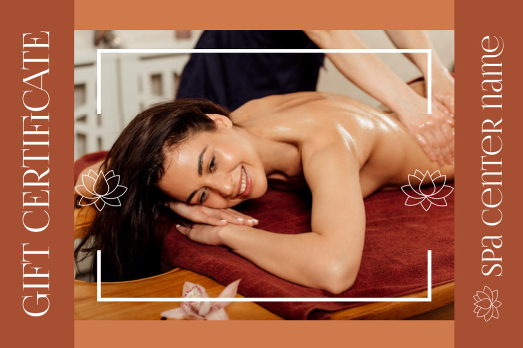 Ontwerpsjabloon van Gift Certificate van Spa Center Promotion with Smiling Woman Getting Massage