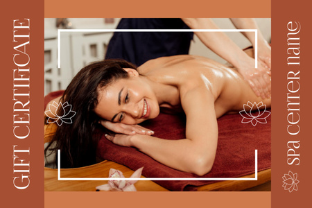 Platilla de diseño Spa Center Promotion with Smiling Woman Getting Massage Gift Certificate