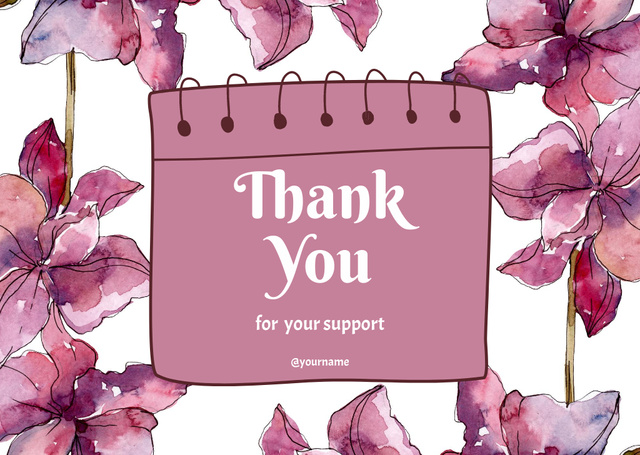 Designvorlage Thank You Message with Pink Watercolor Flowers für Card