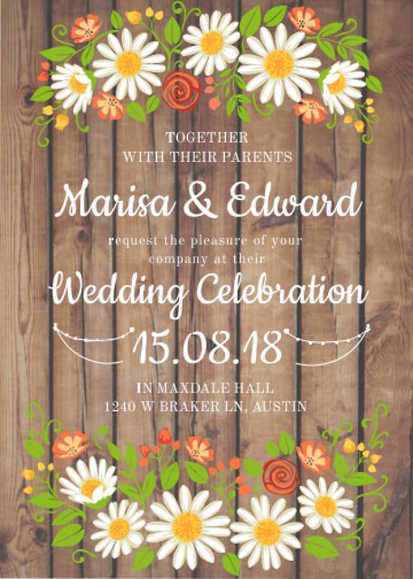 Wedding Invitation with Flowers on wooden background Invitation Tasarım Şablonu
