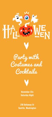 Modèle de visuel Annonce de fête d'Halloween avec citrouille et fantômes sur jaune - Invitation 9.5x21cm
