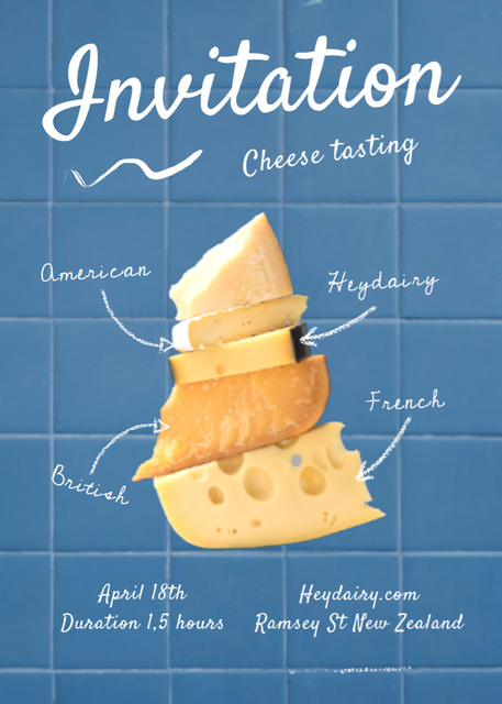 Cheese Tasting Announcement on Blue Invitation Design Template