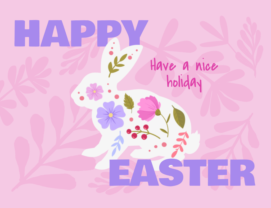 Easter Greeting with Floral Rabbit on Pink Thank You Card 5.5x4in Horizontal Design Template