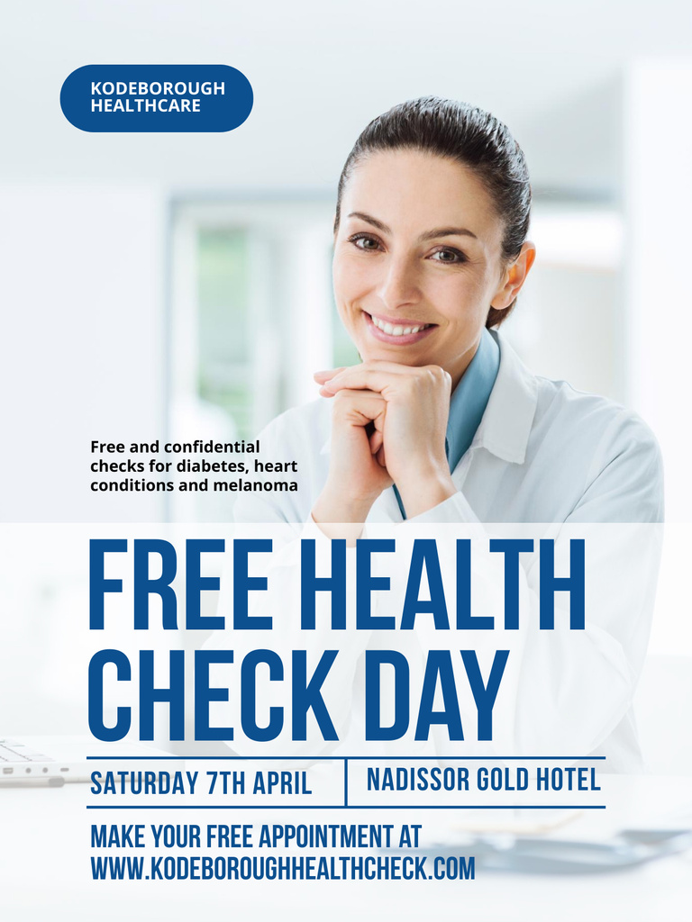 Free health check offer with smiling Doctor Poster US Šablona návrhu