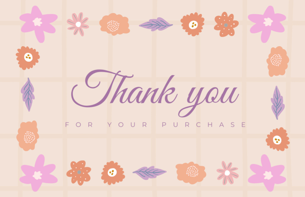 Thank You For Purchase Message with Pastel Doodle Flowers Thank You Card 5.5x8.5inデザインテンプレート
