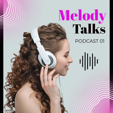 Platilla de diseño Episode with a Curly-haired Host Wearing Headphones Podcast Cover