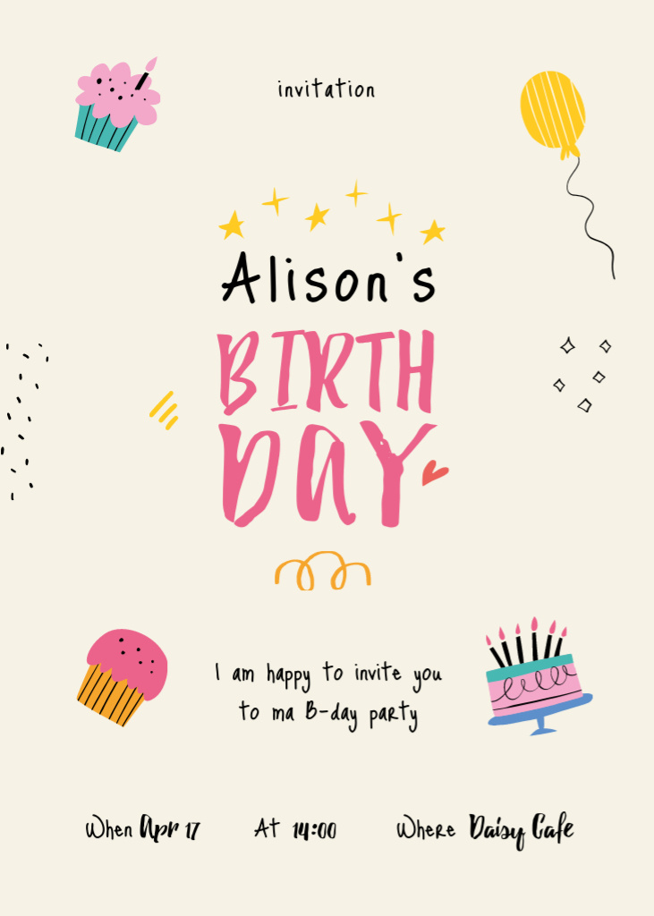 Birthday Party Announcement with Cakes and Balloons Invitation Design Template
