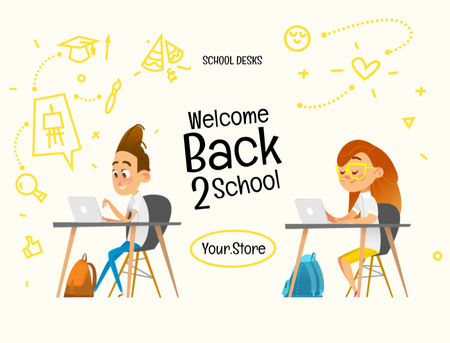Back to School With Desks And Pupils In White Postcard 4.2x5.5in Design Template