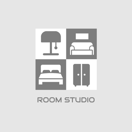 Otthoni belső stúdió hirdetés bútorok illusztrációjával Animated Logo tervezősablon
