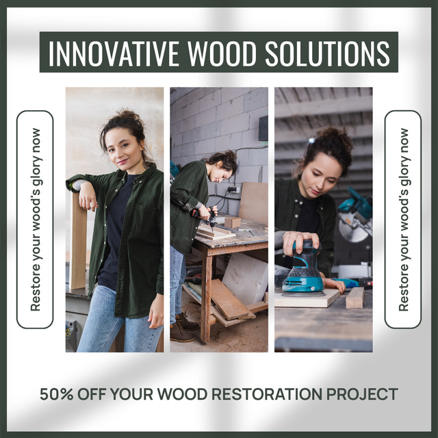 Innovative wood Solutions Ad with Woman Carpenter Instagram Modelo de Design