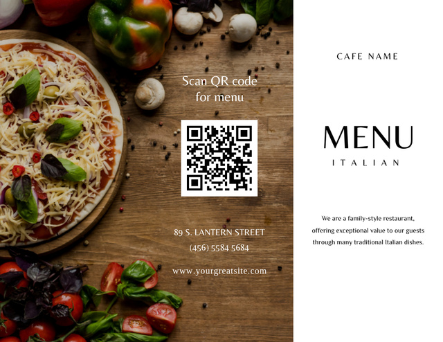 Appetizing Pizza with Cheese Menu 11x8.5in Tri-Fold Design Template