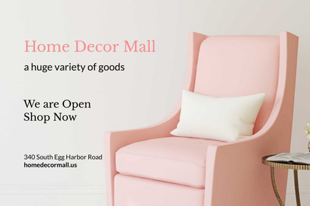 Huonekaluliikkeen mainos muodikkaalla modernilla vaaleanpunaisella nojatuolilla Flyer 4x6in Horizontal Design Template