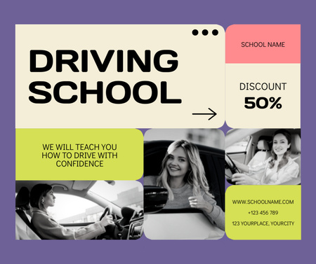Exclusive Driving School Offer With Discounts In Purple Facebook Design Template