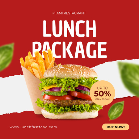 Ebédcsomag ajánlat hamburgerrel és sült krumplival Instagram tervezősablon