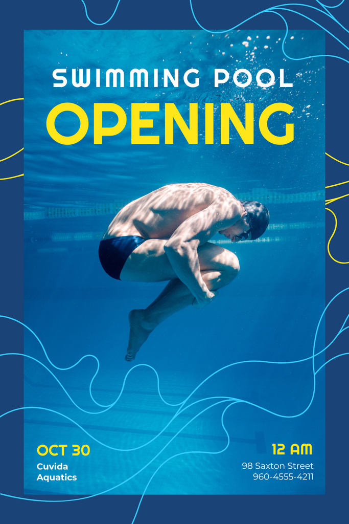 Swimming Pool Opening Announcement with Man Diving Pinterestデザインテンプレート