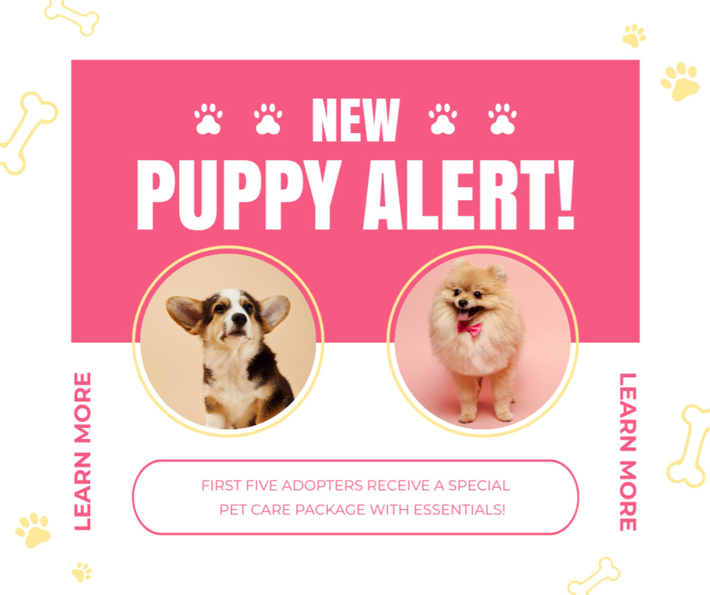 Designvorlage New Purebred Puppies Alert on Pink Layout für Facebook