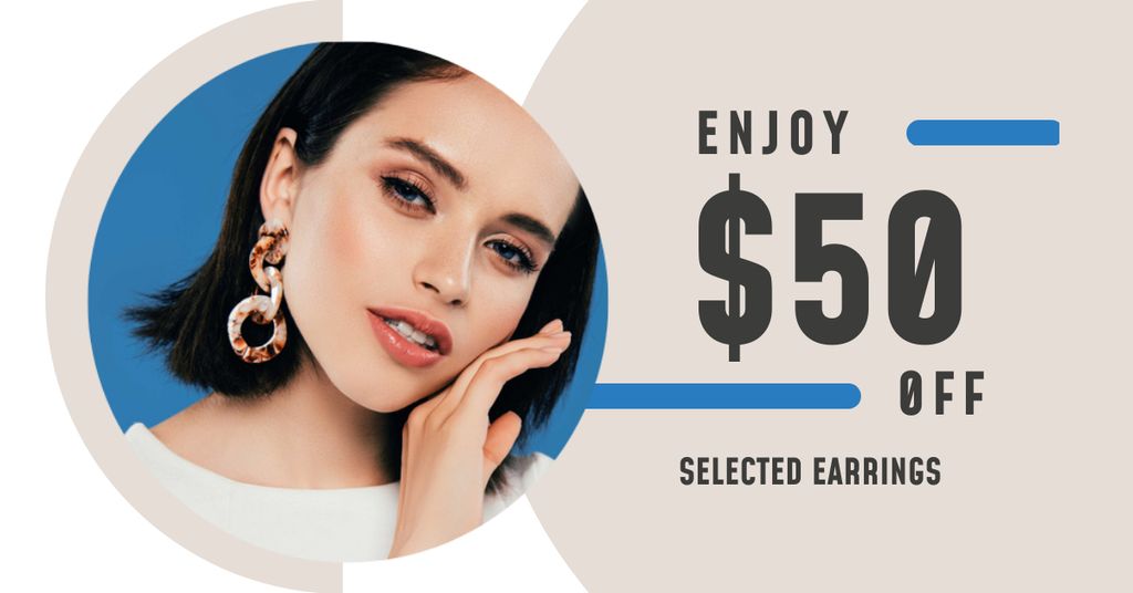 Ontwerpsjabloon van Facebook AD van Jewelry Offer Woman in Stylish Earrings