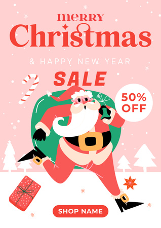 Cartoon Santa Runs to Christmas Sale Poster Design Template