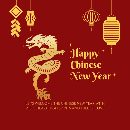 Chinese New Year Holiday Celebration with Dragon in Red Instagram Design Template