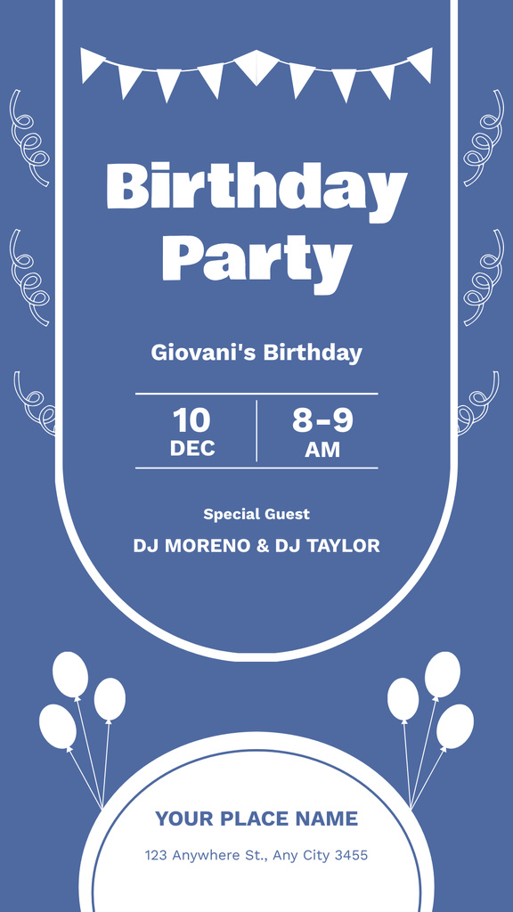 Birthday Party Invitation on Plain Blue Instagram Story Design Template