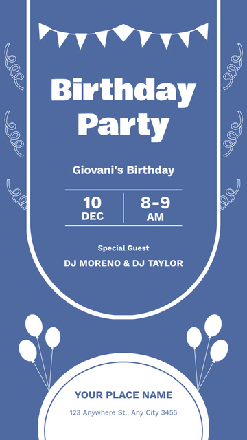 Birthday Party Invitation on Plain Blue Instagram Story Design Template