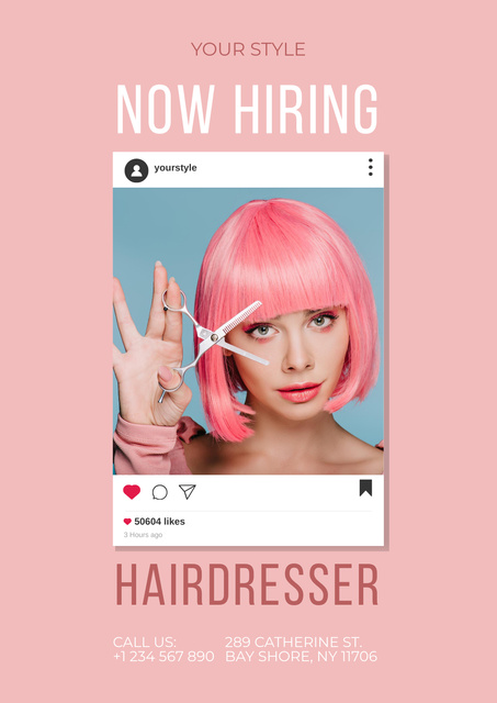 Hairdresser Vacancy Ad with Woman with Scissors Poster Design Template