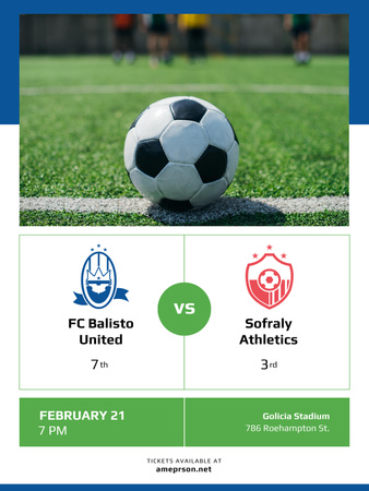 Soccer Match Announcement with Ball on Green Lawn Poster US Design Template