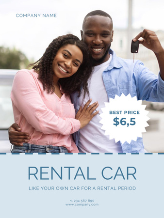 Autókölcsönző szolgáltatások boldog párral, kulcsokkal Poster US tervezősablon