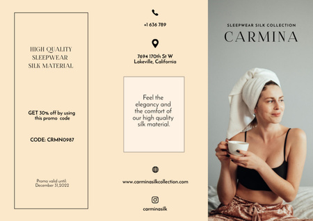 Designvorlage Advertisement for Silk Sleepwear with Attractive Woman für Brochure