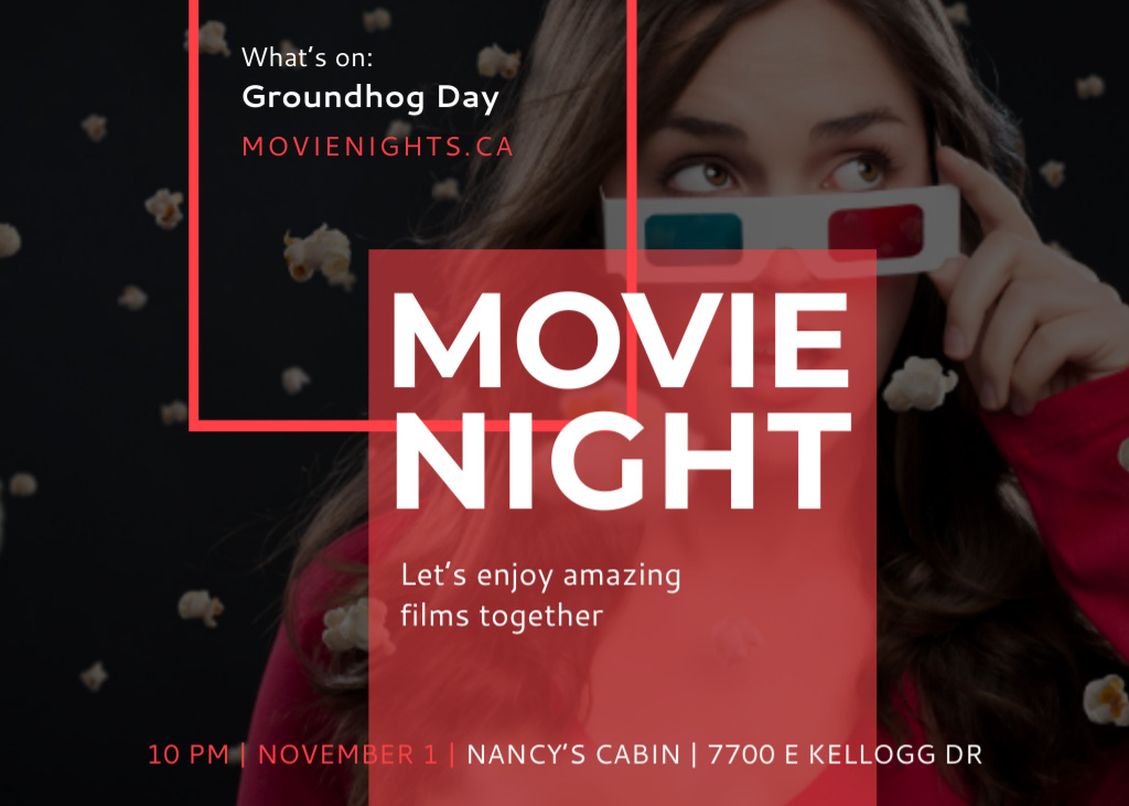 Plantilla de diseño de Movie Night Event with Woman In 3d Glasses Postcard 5x7in 