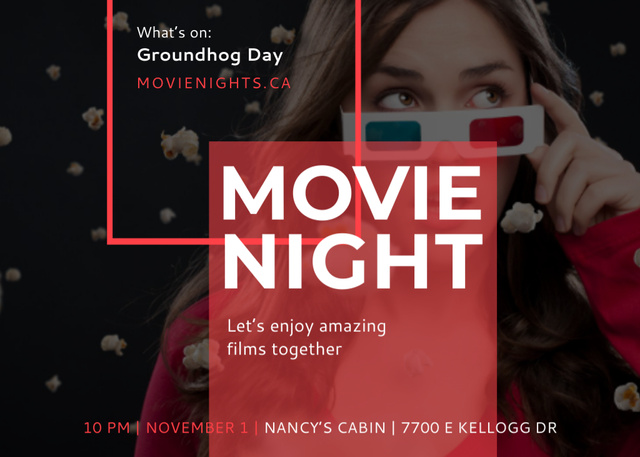 Movie Night Event with Woman In 3d Glasses Postcard 5x7in Design Template