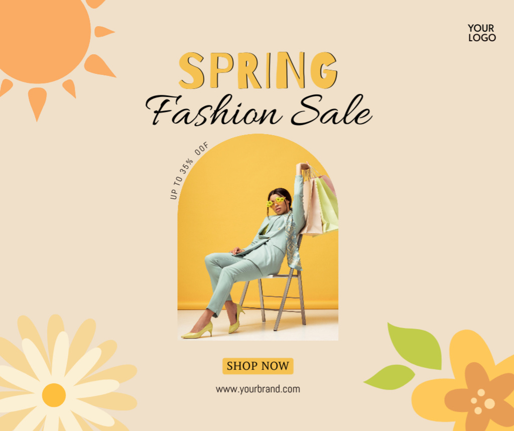 Ontwerpsjabloon van Facebook van Bright Spring Sale Announcement with Young Stylish Woman