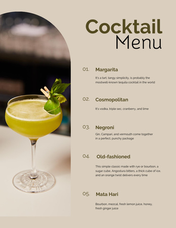 Ontwerpsjabloon van Menu 8.5x11in van Cocktaillijst op Beige