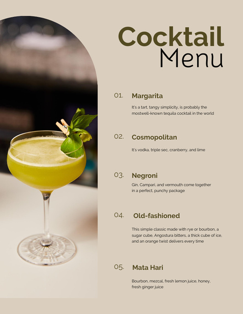 Cocktails List on Beige Menu 8.5x11in tervezősablon