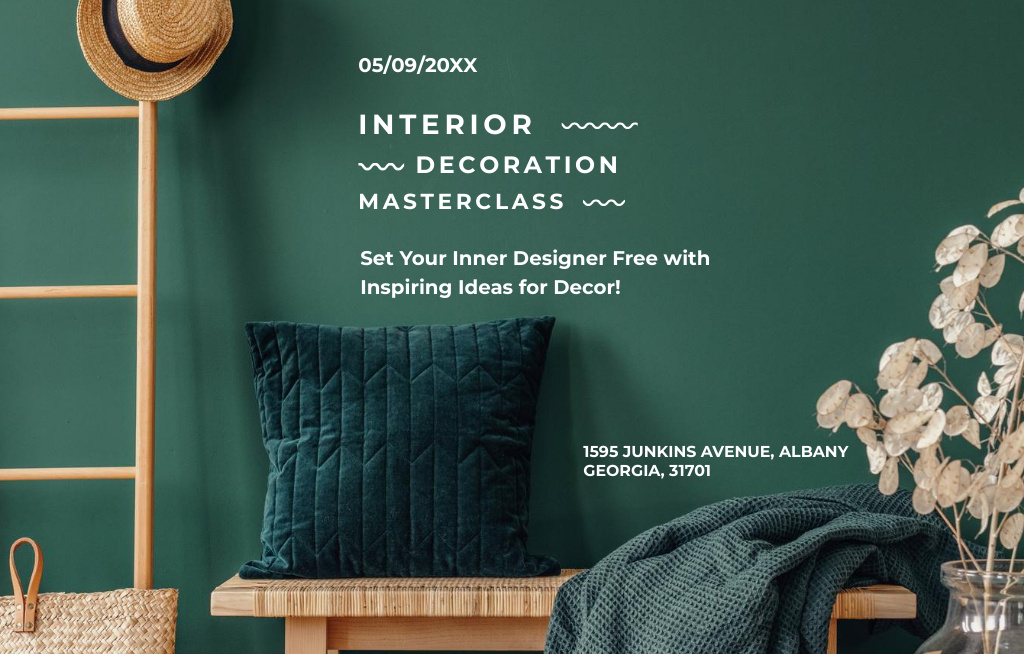 Template di design Interior Decoration Masterclass With Pillow On Bench Invitation 4.6x7.2in Horizontal