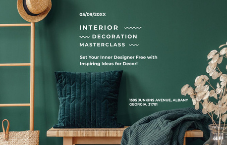 Ontwerpsjabloon van Invitation 4.6x7.2in Horizontal van Masterclass Interieurdecoratie Met Kussen Op Bank