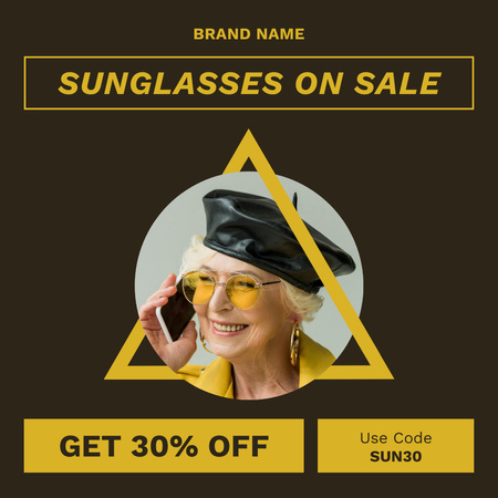 Modèle de visuel Vente de lunettes de soleil avec une femme élégante d'âge moyen - Instagram