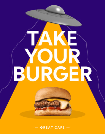 Ontwerpsjabloon van Poster 22x28in van Psychedelische illustratie van UFO en smakelijke hamburger