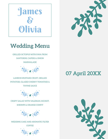 Sulu Boya Çiçek Unsurları İçeren Düğün Kursu Listesi Menu 8.5x11in Tasarım Şablonu