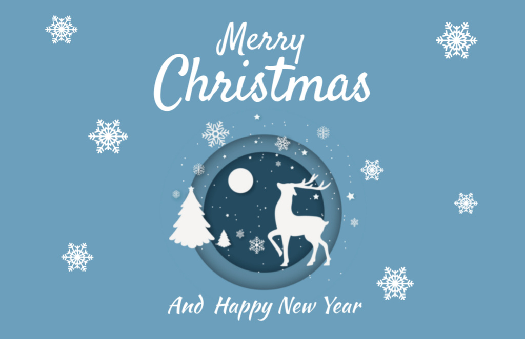Christmas Greeting with Deer Shape on Blue Thank You Card 5.5x8.5in Modelo de Design